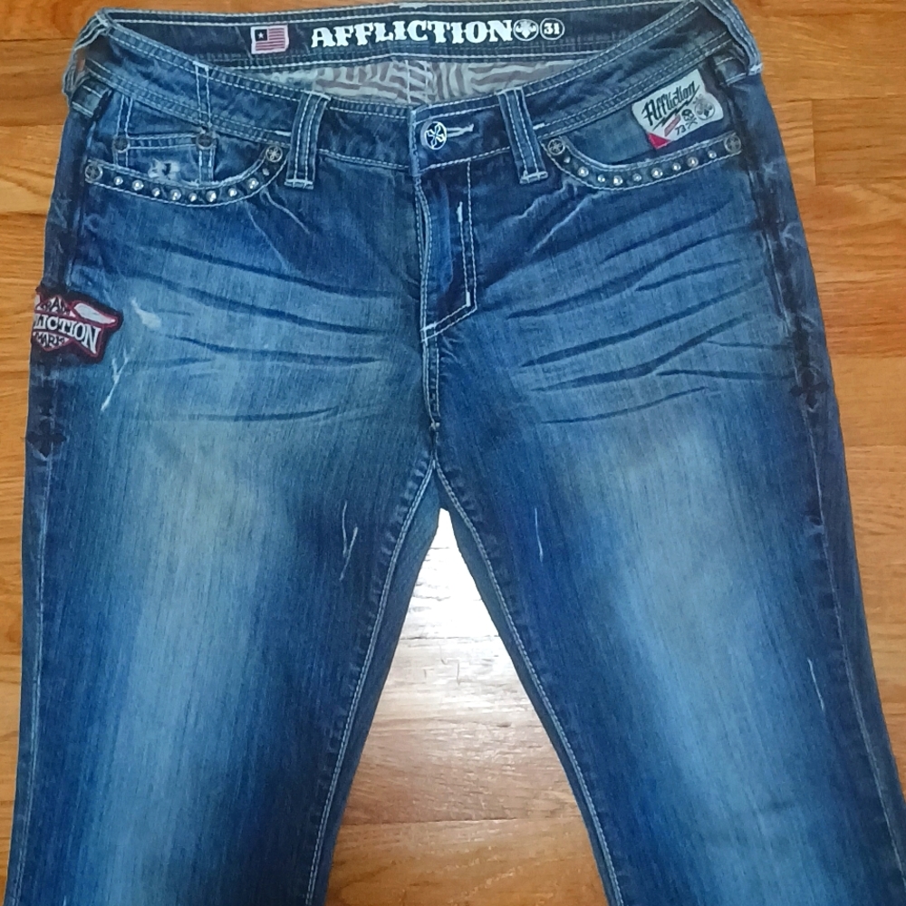 Affliction Loud and Fast bootcut jeans with patches and studs. Sz 31x32